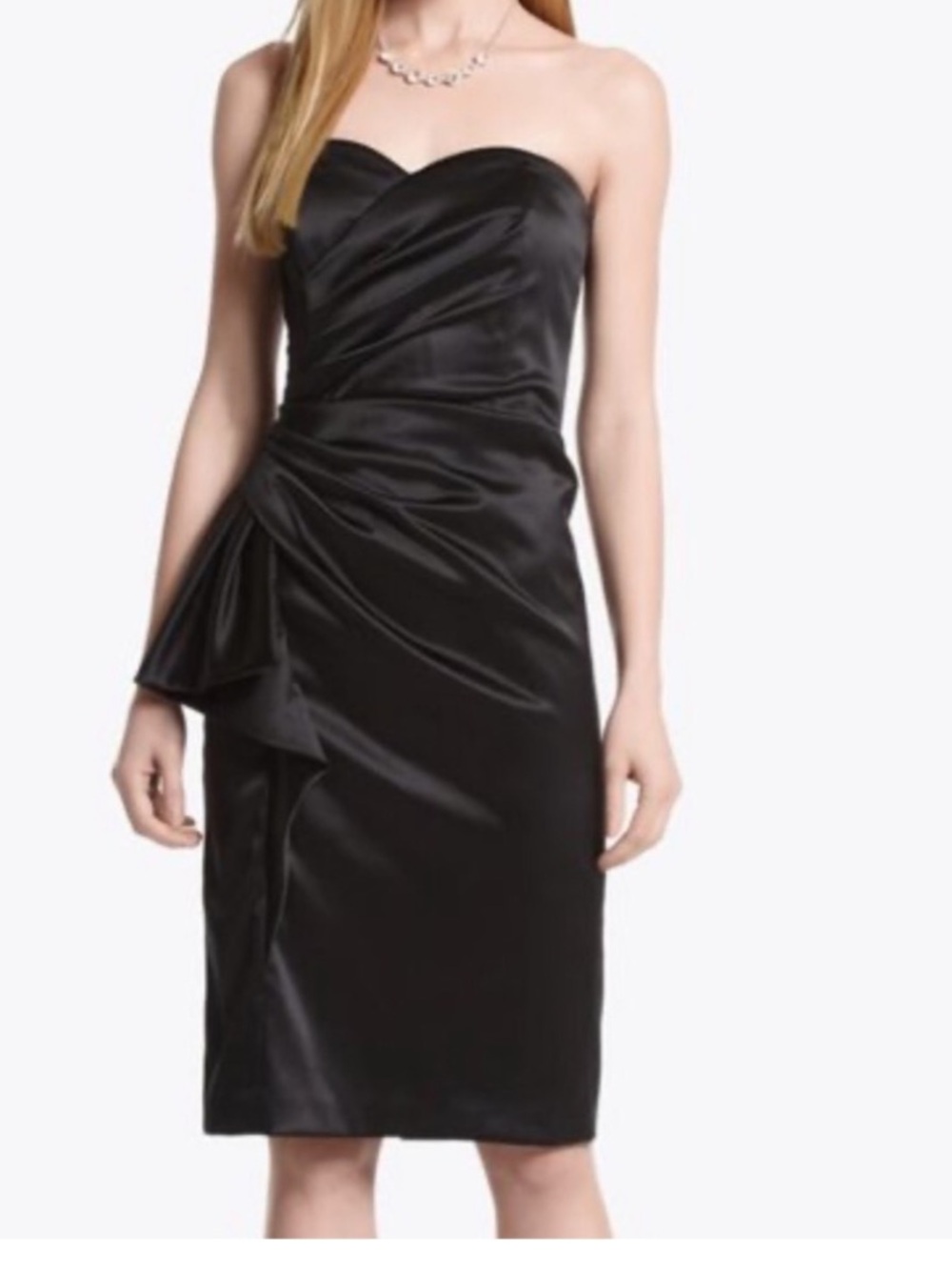 White House Black Market Black Strapless Satin Draped Knot Cocktail Dress 14 NWT